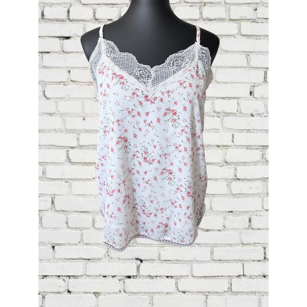 Heyson Cami Top Womens Small White Pink Floral Lace Trim V-Neck Adjustable Strap - Picture 2 of 5